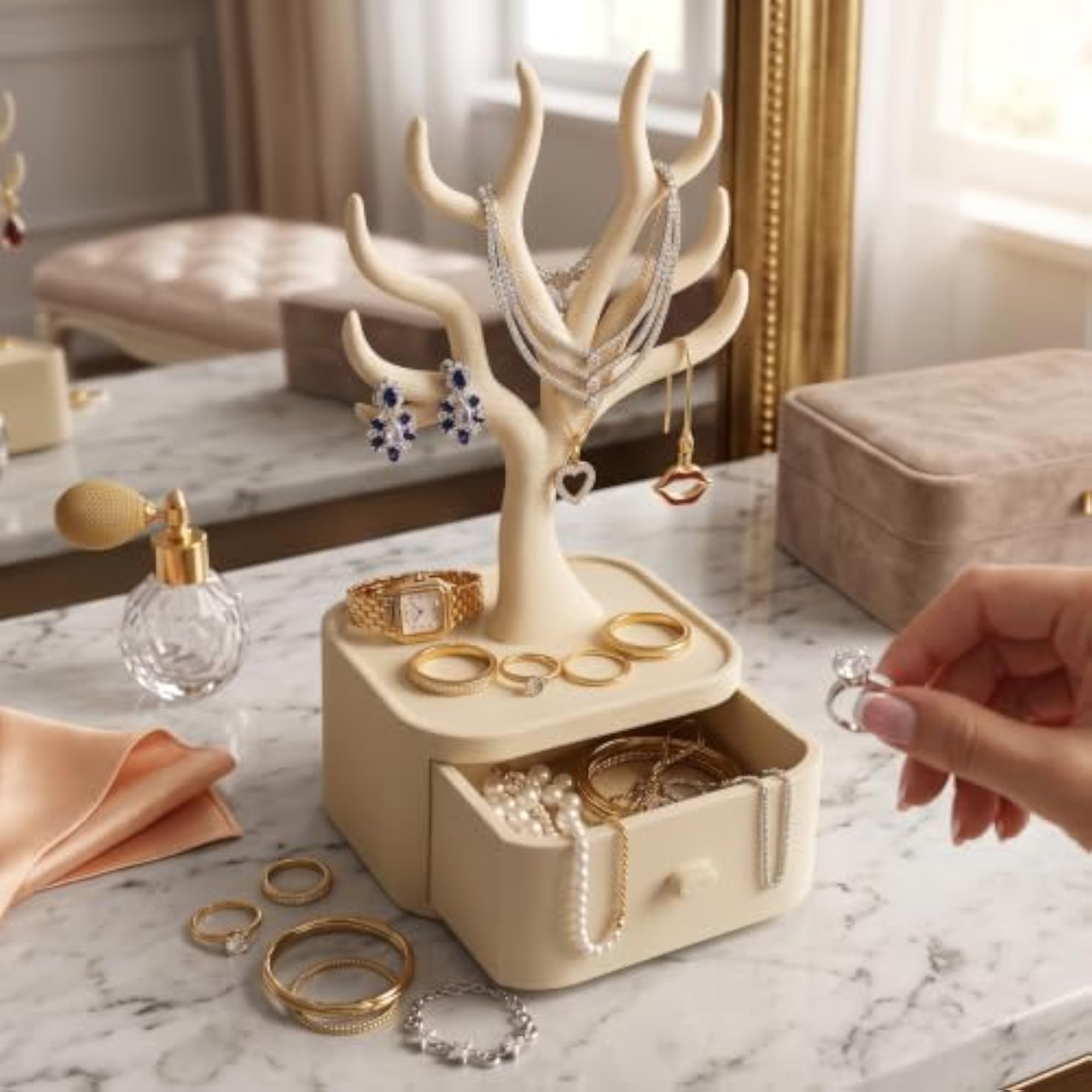 Jewelry Tree Stand & Storage Box, Antler Necklace Organizer